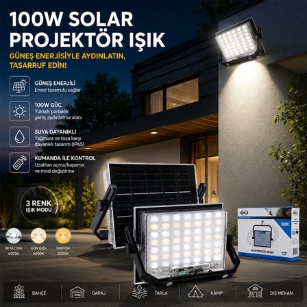 100W GÜNEŞ ENERJİLİ LED IŞIK SOLAR PROJEKTÖR - FENER KAMP - DIŞ MEKAN 3 FARKLI LED IŞIK 348960 LMB (5517)