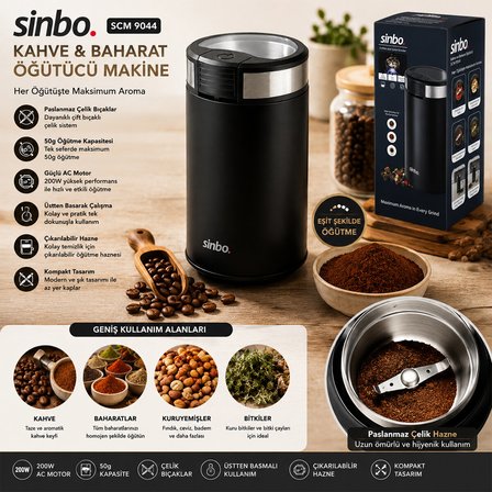 KAHVE - BAHARAT ÖĞÜTÜCÜ MAKİNE 2 BIÇAKLI ÇELİK ÖĞÜTME HAZNESİ 50GR ÖĞÜTME AC MOTOR=200W SCM-9044 (5517)