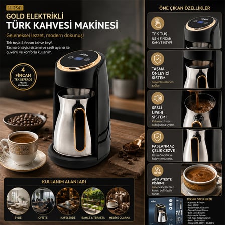 GOLD ELEKTRİKLİ TÜRK KAHVESİ MAKİNESİ 4 FİNCAN SESLİ UYARI - TAŞMA ÖNLEYİCİ SİSTEM SCM-2984 (5517)