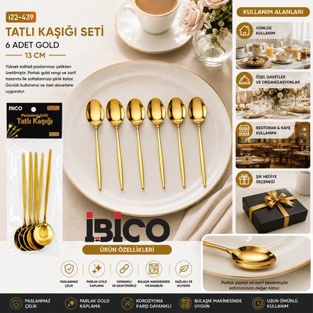 60 PARÇA GOLD TATLI KAŞIK SETİ 13CM - 1 PAKET İÇİNDE 6 ADET VARDIR - 10 PAKET GÖNDERİLİR (5517)