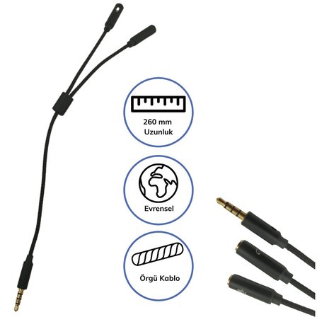 1 Erkek 2 Dişi 3.5 mm Kulaklık ve Mikrofon Ayırıcı Çoklayıcı Aux Kablo (5332)