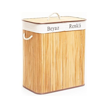 DİKDÖRTGEN İKİ BÖLMELİ İÇ BEZ BAMBU AHŞAP KİRLİ ÇAMAŞIR SEPETİ İP KULP 52X32X62CM (5332)