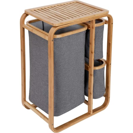 KİRLİ ÇAMAŞIR SEPETİ AHŞAP - BAMBU 3 ORGANİZER BÖLMELİ KUMAŞ ÇANTALI 50X30X70CM (5332)