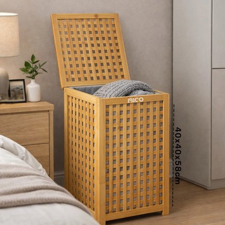 KALIN AHŞAP BAMBU KİRLİ ÇAMAŞIR SEPETİ KUMAŞ ÇANTALI SEPET=40X40X58CM (5332)