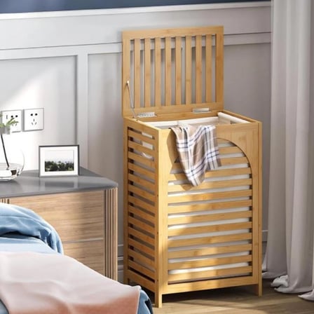 KALIN AHŞAP BAMBU KİRLİ ÇAMAŞIR SEPETİ KUMAŞ ÇANTALI SEPET=43X33X67CM (5332)