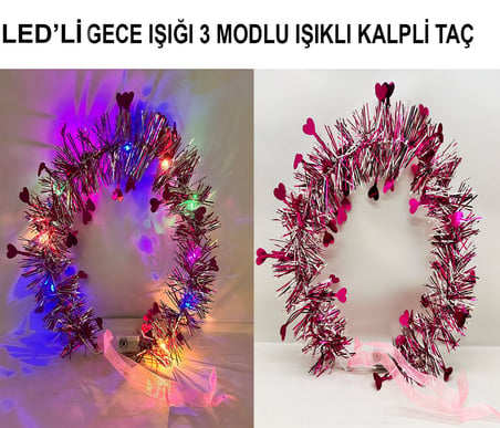 Kalp Püsküllü Gece Parıltısı 3 Modlu LED&amp;apos;li Işıklı Taç Fuşya Renk (5332)
