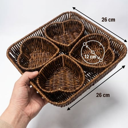5 Parça,4 Kalp Formlu Plastik Rattan Sunum ve Kahvaltı Seti-Bölmeli Çerezlik ve Meyvelik-Doğal Hasır