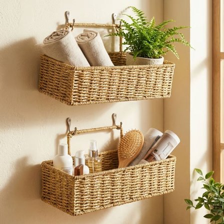 2’li Duvar Askılı Plastik Rattan Organizer – Dikdörtgen Hasır Görünümlü Mutfak Raf Sepeti, Banyo ve 