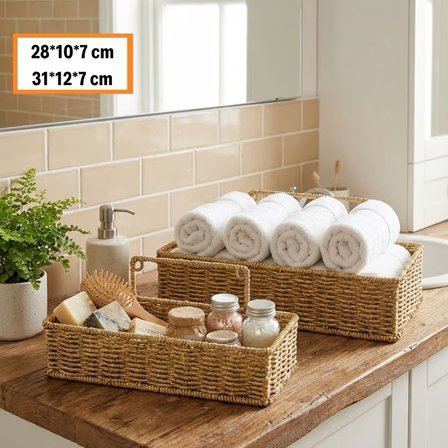 2’li Duvar Askılı Plastik Rattan Organizer – Dikdörtgen Hasır Görünümlü Mutfak Raf Sepeti, Banyo ve 