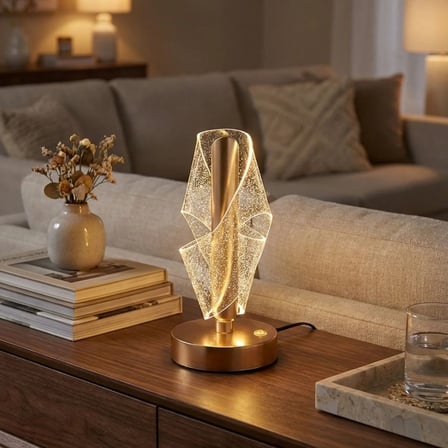 Çapraz Kavisli Ters Kristal Simli LED Masa Lambası – Gold Gövdeli, Dokunmatik, 3 Kademe Işık Ayarlı 