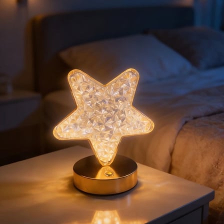 Yıldız Model Kristal LED Masa Lambası – Dokunmatik, 3 Renk Işık Modlu, Şarjlı Mini Dekoratif Gece La