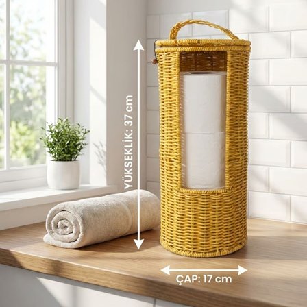 Askılı Plastik Rattan Tuvalet Kâğıdı Standı – Hasır Görünümlü, Kapaklı, Yedekli WC Kâğıtlık, Banyo v