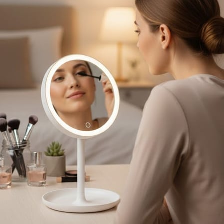 LED Işıklı Yuvarlak Makyaj Aynası – Dokunmatik Ayarlanabilir Işık Tonlu, 360 Derece Döner Masaüstü P