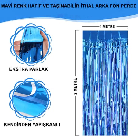 Mavi Renk Ekstra Metalize Parlak Saçaklı Arka Fon Perde İthal A Kalite 1x2 Metre (5332)