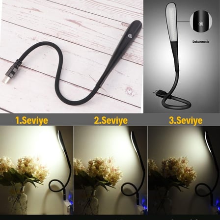 USB Girişli 14 Ledli 3 Kademeli Dokunmatik Masa/Kitap Okuma Lambası Ledi Siyah (5332)