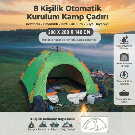 8 Kişilik Otomatik Kurulum Kamp Çadırı – Outdoor , Suya Dayanıklı Hızlı Kurulum Piknik ve Doğa İçin 