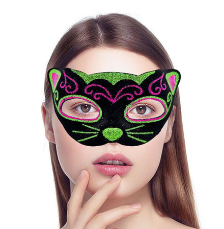 Siyah Kadife Kaplama Üzeri Pembe Yeşil Sim İşlemeli Kedi Maskesi 20x13 cm (5332)