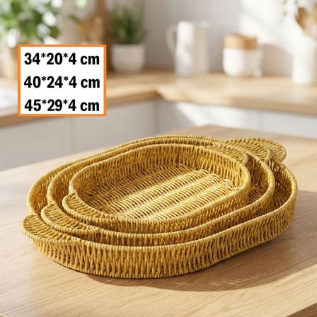 İç İçe Geçebilen 3’lü Oval Plastik Rattan Tepsi Seti–Hasır Görünümlü Çok Amaçlı Servis ve Sunum Teps