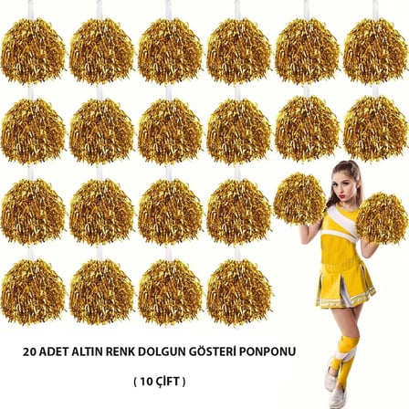 10 Çift ( 20 Adet ) Altın Renk 23 Nisan 19 Mayıs 29 Ekim Okul Gösteri Ponponları (5332)
