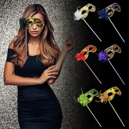 Lüks Taşlı Saplı Maskeli Balo Maskesi Altın Renk 35 cm (5332)