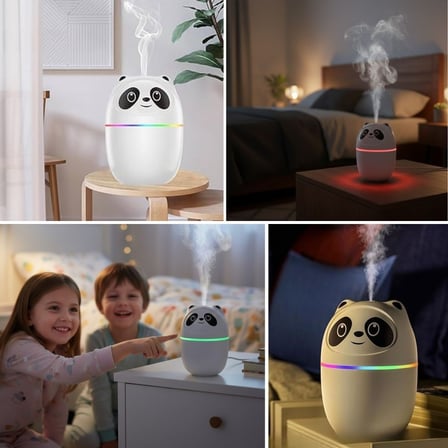 Sevimli Panda Figürlü Hava Nemlendirici – Ultrasonik Soğuk Buhar Makinesi, LED Işıklı Masaüstü Oda N