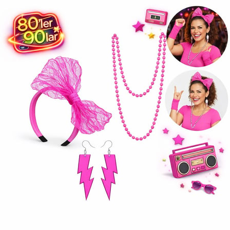 80’ler 90’lar Neon Pembe Parti Seti – Kolye Küpe Taç (5332)