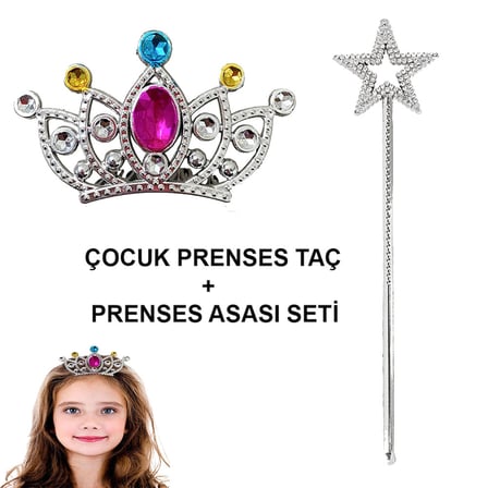 Çocuklar İçin Taraklı Prenses Tacı ve Prenses Yıldız Asa Seti Gümüş (5332)