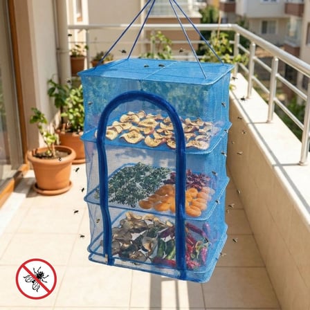 3 Katlı Fermuarlı Sebze Meyve Kurutucu File – 45x45 cm Katlı Askılı Kurutma Filesi (56 cm Uzunluk) (
