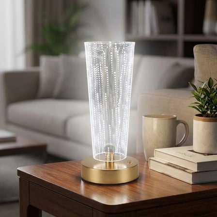 Silindirik Kristal Nokta Model LED Masa Lambası – Gold Tabanlı, Dokunmatik, 3 Renk Işık Modlu, Şarjl