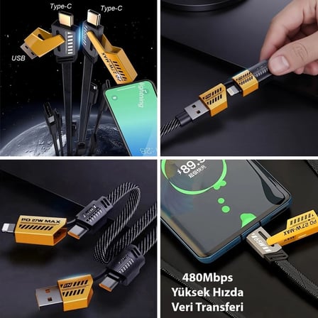 4in1 65W Hızlı Şarj Kablosu – Type-C to USB-A + Type-C to Lightning, 27W PD Destekli Çoklu Şarj Kabl