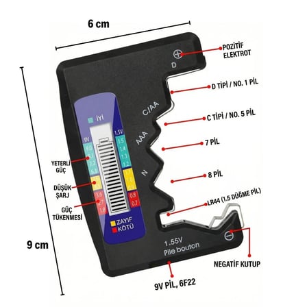 Evrensel Dijital Pil Test Cihazı – AA, AAA, C, D, N, 9V ve Düğme Pil Uyumlu Mini Pil Kapasite &amp; 