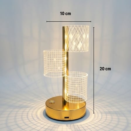 3 Parça Silindirik Kristal Ekose Kareli LED Masa Lambası – Gold Gövdeli, Dokunmatik, 3 Kademe Işık A