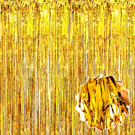 Altın Gold Renk Ekstra Metalize Parlak Saçaklı Arka Fon Perde İthal A Kalite 1x2 Metre (5332)