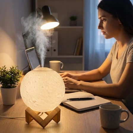 3D Ay Tasarımlı Su Yenilemeli USB Hava Nemlendiricisi – Dokunmatik, 3 Renk Işık Modlu (Gün Işığı / B