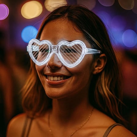 Beyaz LED Işıklı Kalp Gözlük – 3 Modlu Parti - Glow Gözlüğü (5332)