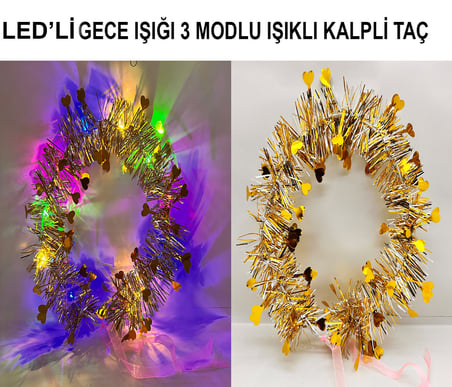 Kalp Püsküllü Gece Parıltısı 3 Modlu LED&amp;apos;li Işıklı Taç Altın Renk (5332)