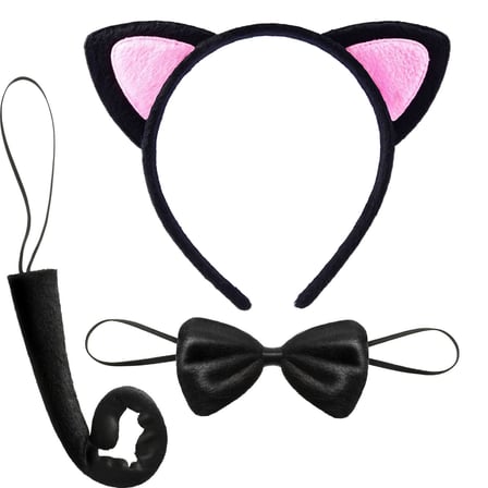 Kedi Kulak Taç Kuyruk ve Papyon 3 lü Set Çocuk Boy Pembe Renk (5332)