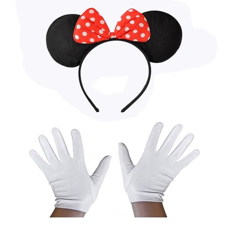 Kırmızı Fiyonklu Minnie Mouse Tacı ve Beyaz Eldiven Seti (5332)