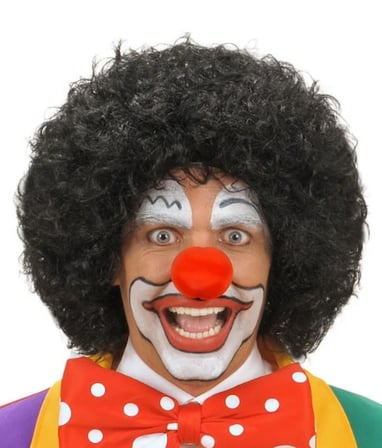 Siyah Renk Kıvırcık Afro Bonus Peruk Saç ve Kırmızı Sünger Burun Seti (5332)