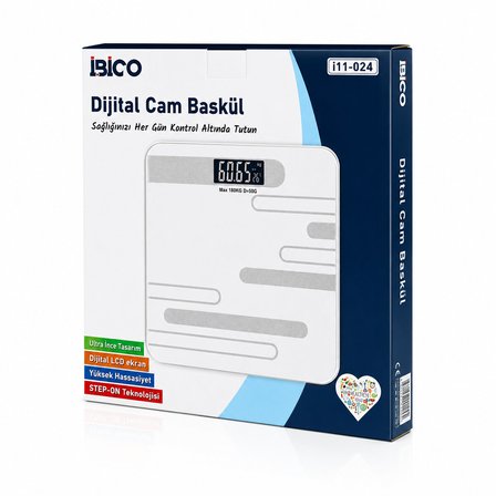 DİJİTAL - PİLLİ RENKLİ CAM BANYO BASKÜL TERAZİ TARTI LCD EKRAN 180KG/50GR 26X26CM İ11-024 (5517)