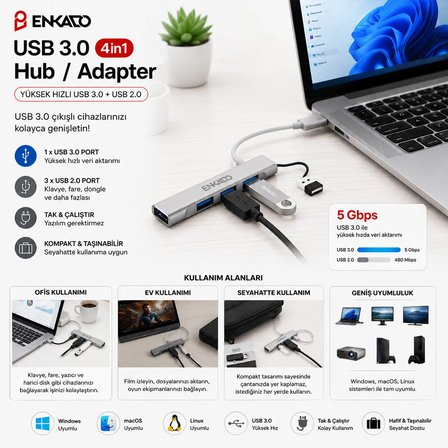 USB 3.0 GİRİŞ 4IN1 USB ÇOĞALTICI 4 ANAHTARLI PORT - HI-SPEED USB 3.0 - USB 2.0 HUB ADAPTÖR EKD-UH60 (5517)
