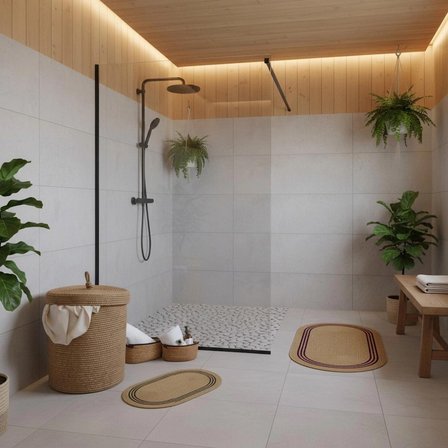 Hasır / Jüt 5 Parça Hasır Çizgili Banyo Paspas Takımı | Kirli Sepeti | Oval Sepetler