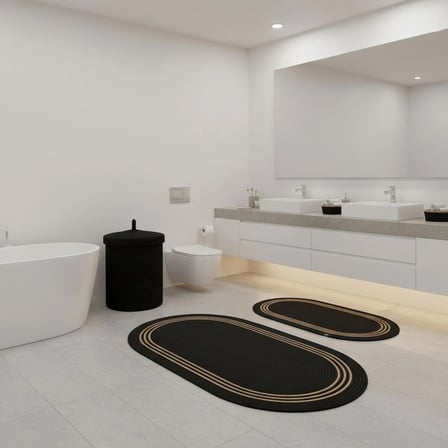 Hasır / Jüt 5 Parça Hasır Çizgili Banyo Paspas Takımı | Kirli Sepeti | Oval Sepetler