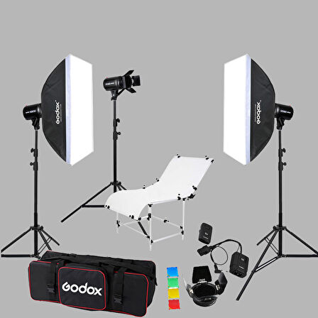 Godox E250 3'lü Paraflaş Set + Çekim Masası 60x130 cm