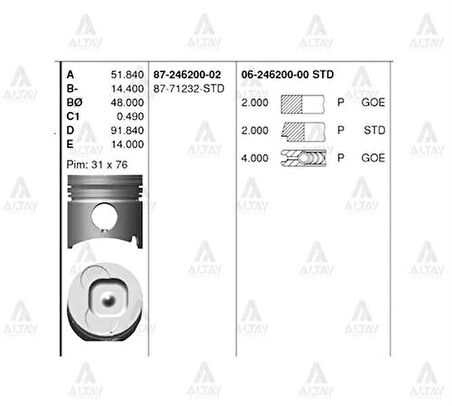 Goetze 06-246200-00 Segman Karsan J9 NKR55 2.8 4Jb1 STD 93mm 624620000