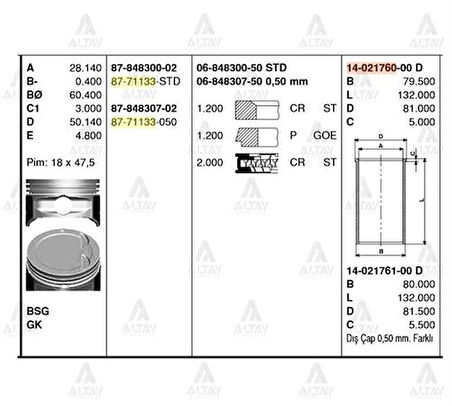 Goetze 06-848300-50 Motor Segman Takımı STD Accent Admira 1.6 2000 2005 Era 1.6 2006-76.50mm (G4Ed Motor) 2304026120