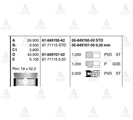 Goetze 87-71115-050 Motor Piston Segman 050 I30 1.6 2012-i20 1.6 2012-77.50mm G4FC Motor 87-71115-050