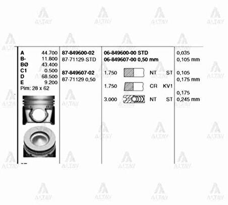 Goetze 87-71129-050 Motor Piston Segman 050 Hyundai i20 1.4 CRDI 2012-D4Fc Motor 75.50mm 23410-2A950