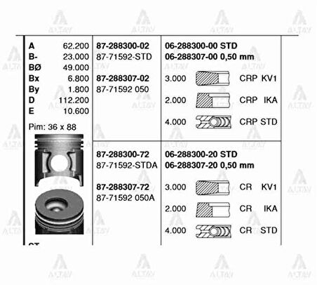 Goetze 87-71592-050 Piston+Segman-050 104.50 Mitsubishi Canter-659 98-04 Turbolu 4D34T 8771592050