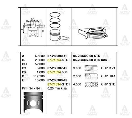 Goetze 87-71594-050 Piston+Segman-050 104.50 Mitsubishi Canter-659 98-04 Turbosuz 4D33 8771594050